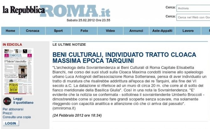 Individuato tratto Cloaca Massima di epoca dei Tarquini